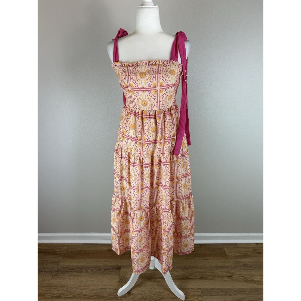 Celestial Midi Dress Size S Bow Tie Straps Moon Stars Resort Batik Tiered Smock